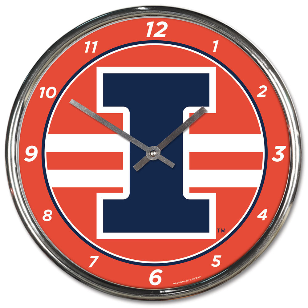 Illinois Fighting Illini Clock Round Wall Style Chrome Periodic Restock