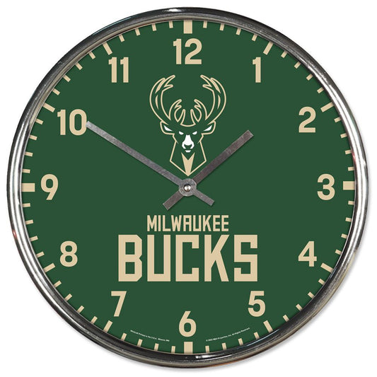 Milwaukee Bucks Clock Round Wall Style Chrome Periodic Restock