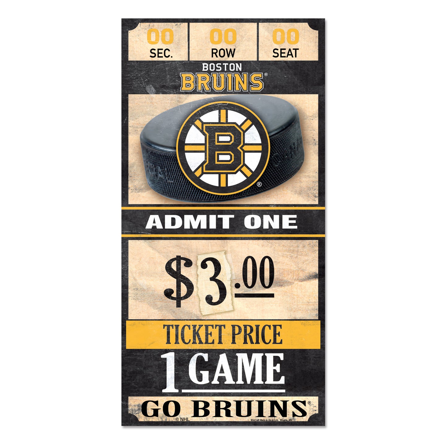 Boston Bruins Sign 6x12 Wood Ticket